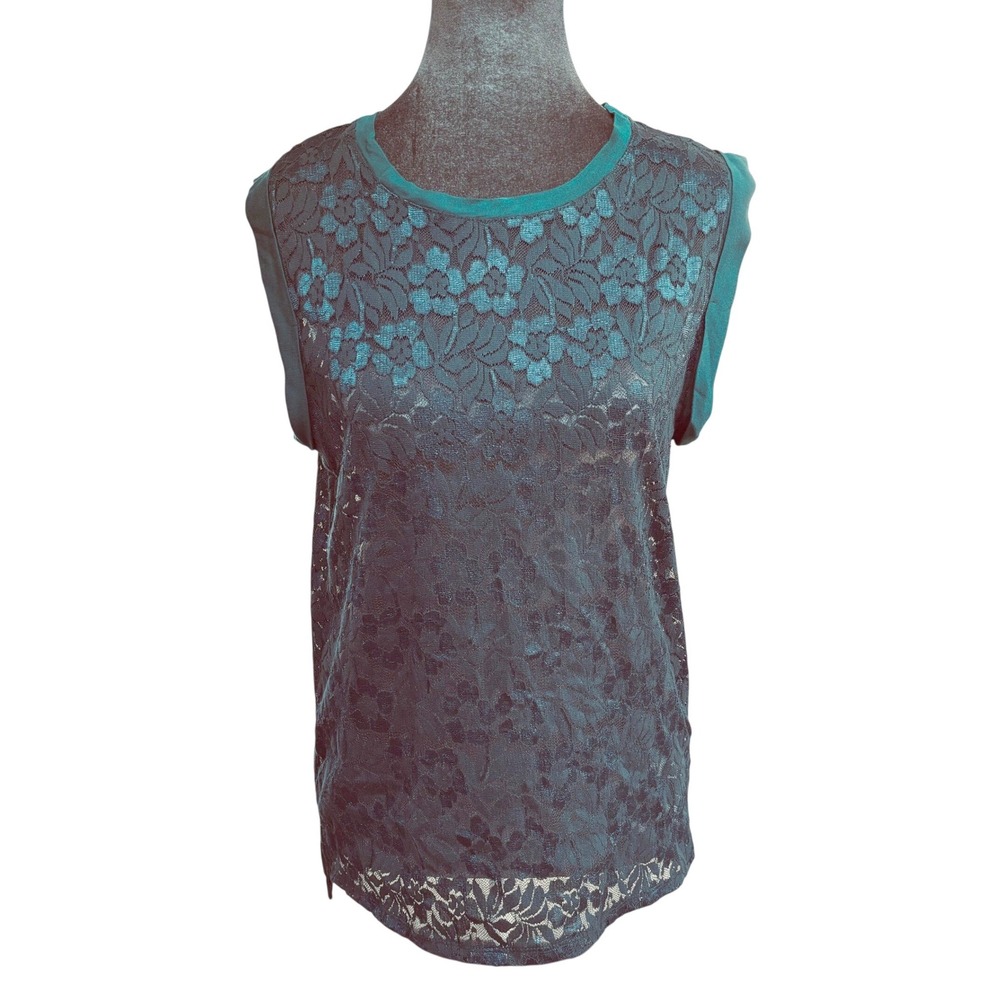 Chloe K Jrs Whimsigoth Boho Lace Sleeveless Teal Floral Sheer Overlay Shell M